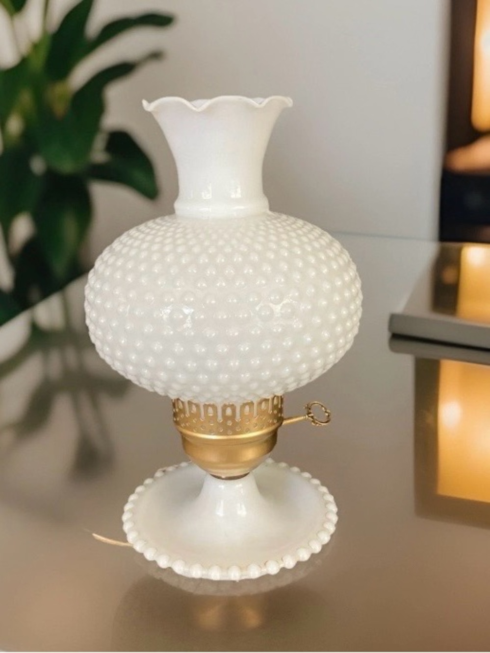 Vintage hobnail milk glass lamp with trinket base and STUNNING larger shade.
